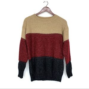 Knit Fall Colors Retro Striped Colorblock Crew Neck Casual Burgundy Sweater S